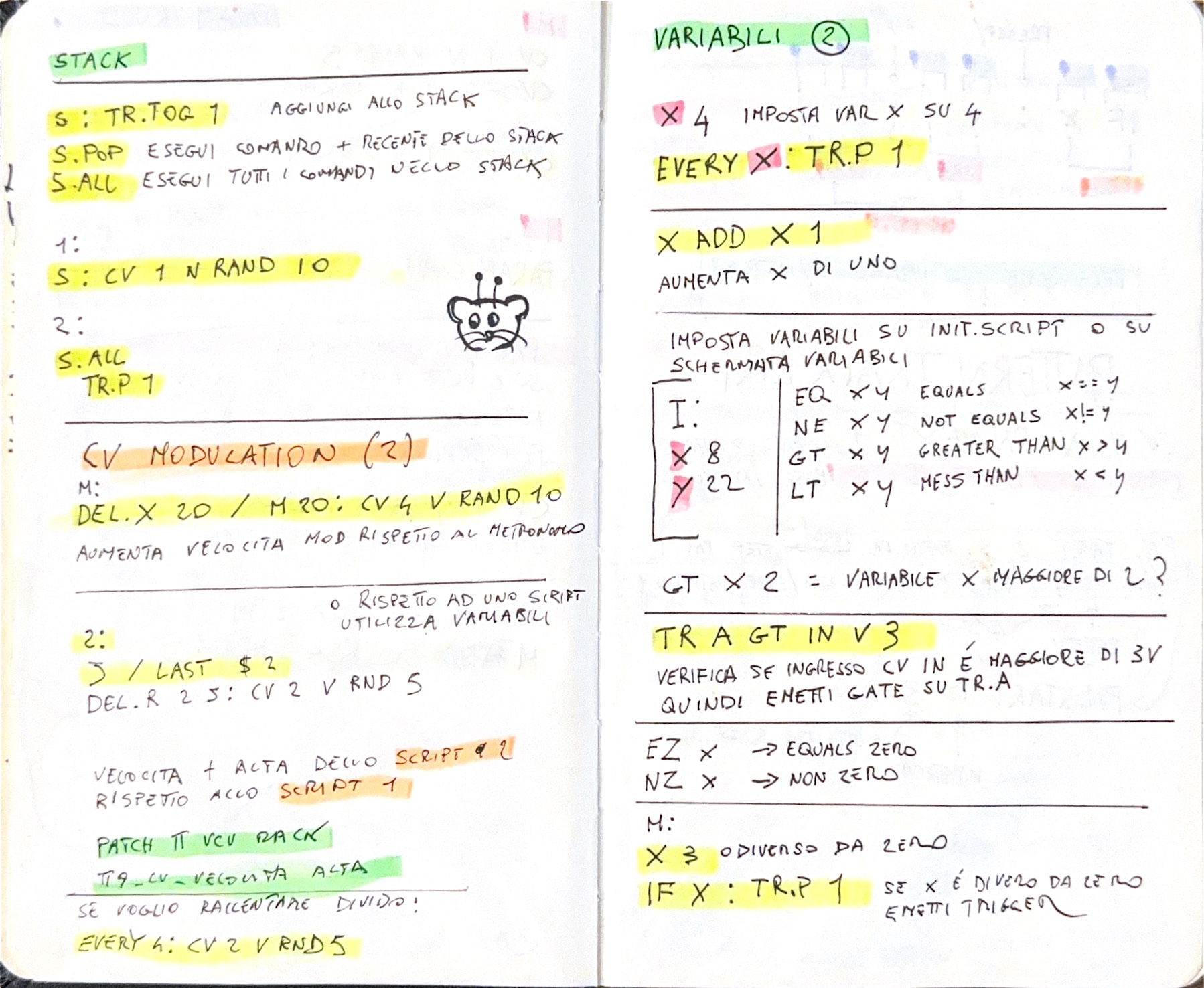 A scanned notebook spread: handwritten Teletype study notes on stacks, variables and conditional triggers, with highlighter marks