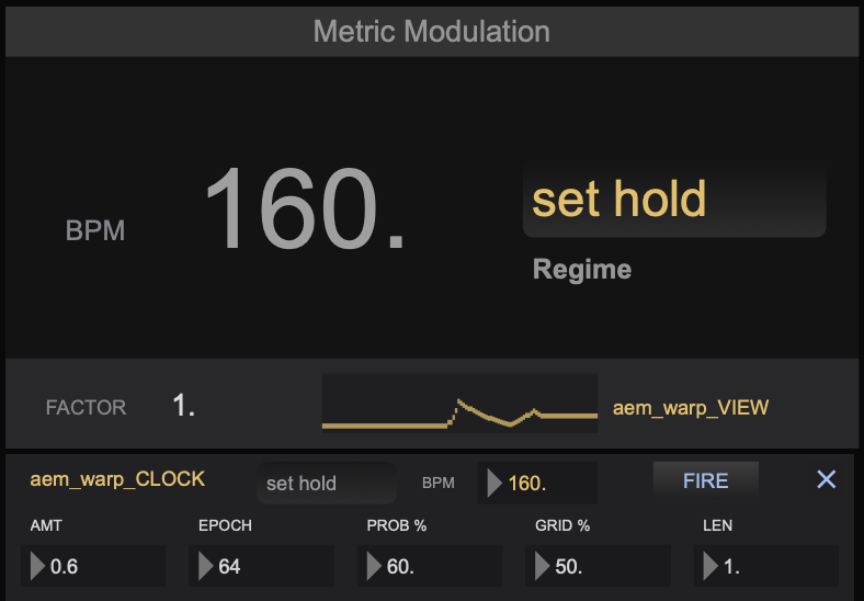 Elastic tempo: the Metric Modulation readout with the factor history graph, and the warp clock panel below