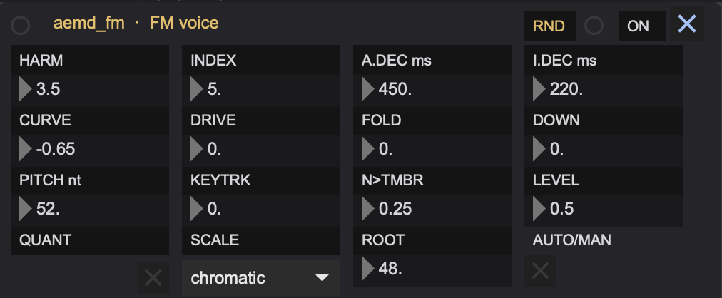 The FM Voice panel: ratio and index on the left, the two decays, the nonlinear stage, pitch and quantise controls