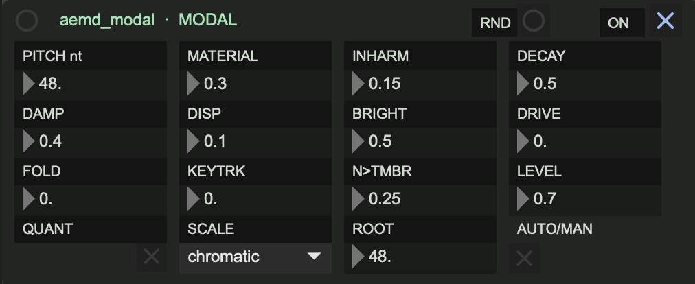 The Modal Voice panel: MATERIAL and INHARM define the object, DECAY and DAMP how it rings