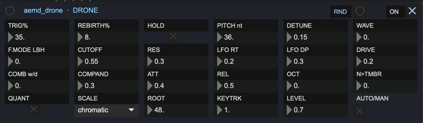 The Drone panel: TRIG% and REBIRTH% decide how it answers the sequencer, HOLD keeps it open