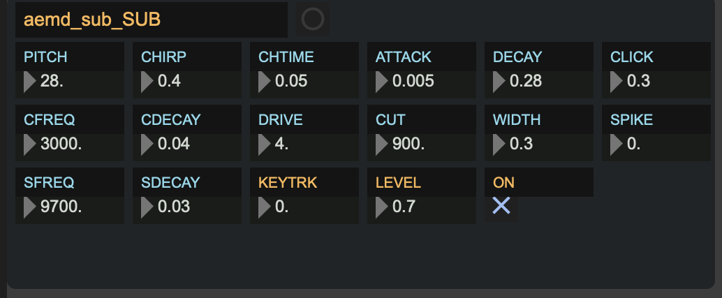 The Sub panel: pitch and chirp, the click and spike transients, drive and cut