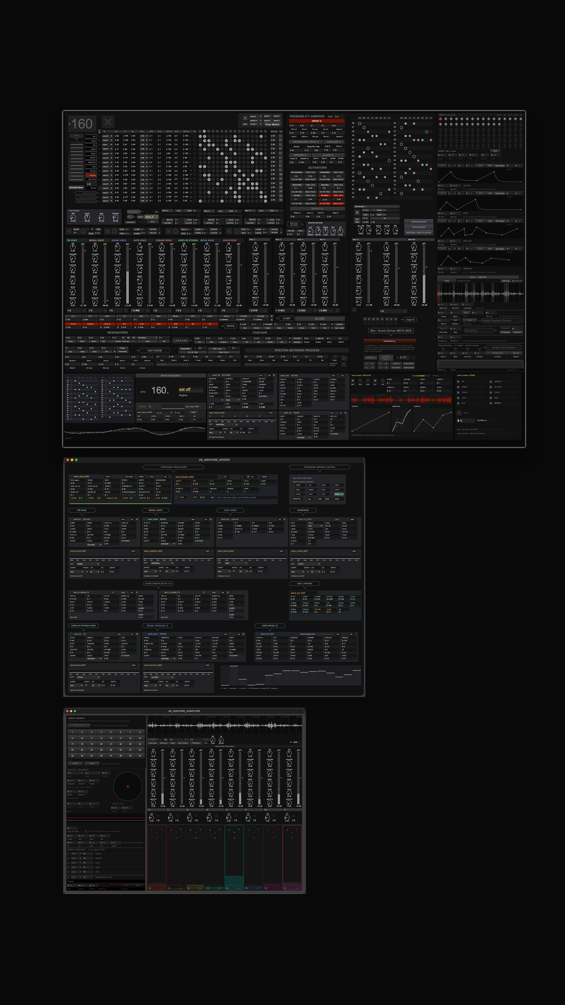 The whole machine on one surface: sequencer, Markov matrix, mixer, effects row, voice panels, preset grid