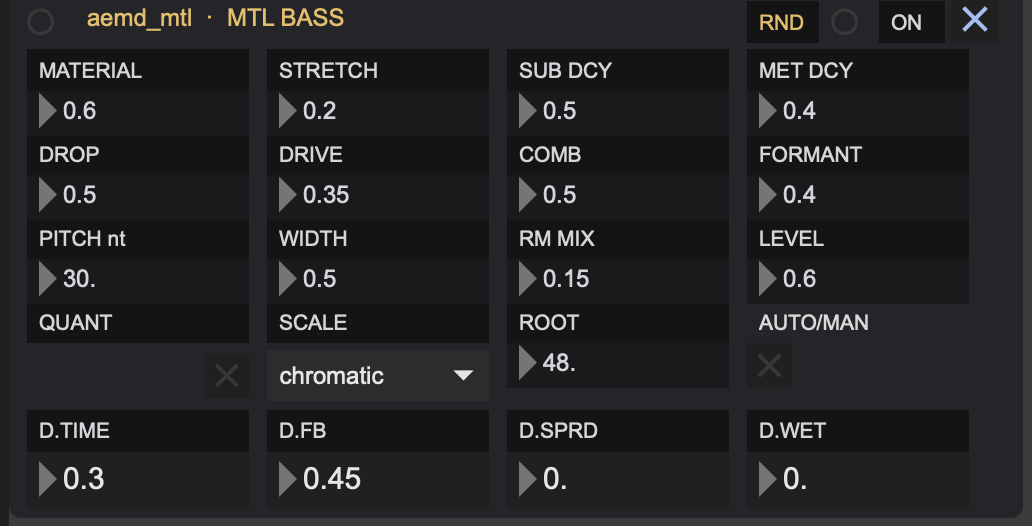 The Metal Bass panel: material and stretch for the metal layer, the sub controls, and the built-in ping-pong delay