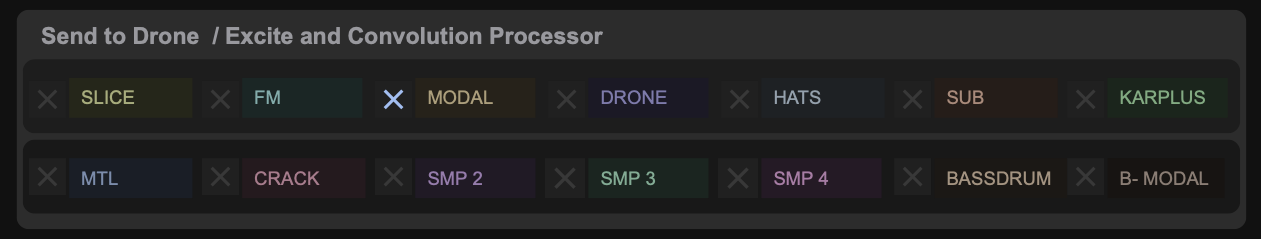 The Send to Drone panel: fourteen colour-coded voice switches in two rows, HATS and CRACK flagged