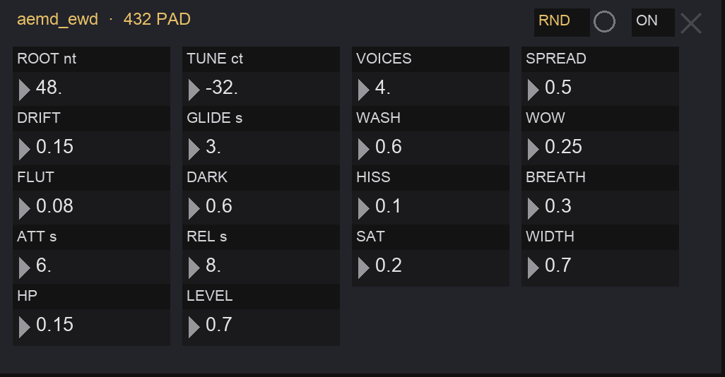 The Tape Pad panel: chord, drift and glide, tape wow and flutter, the wash