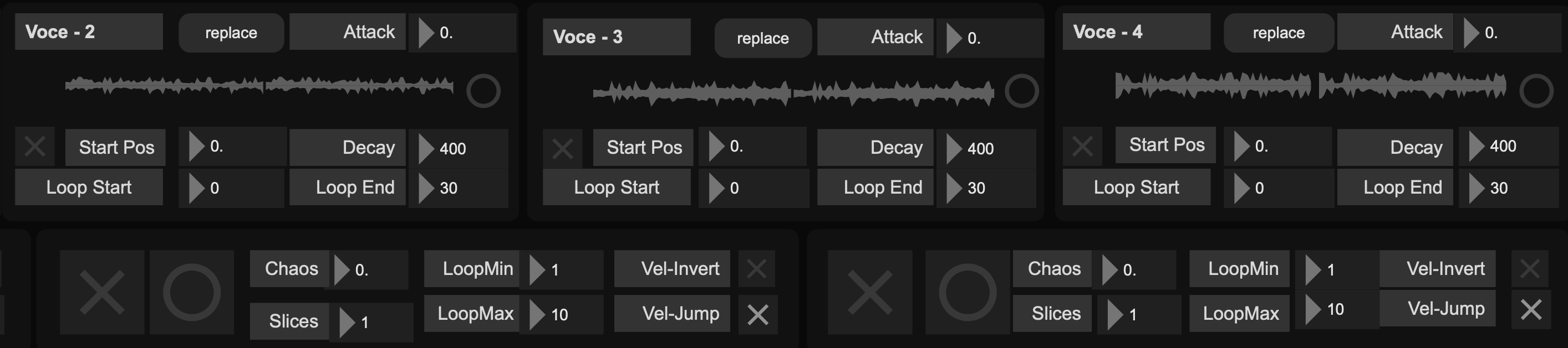 The three samplers side by side: replace, Attack, waveform with the round reset button, Start Pos, Decay, Loop Start and Loop End, and below them the micro-loop rows with Chaos, Slices, LoopMin, LoopMax, Vel-Invert and Vel-Jump
