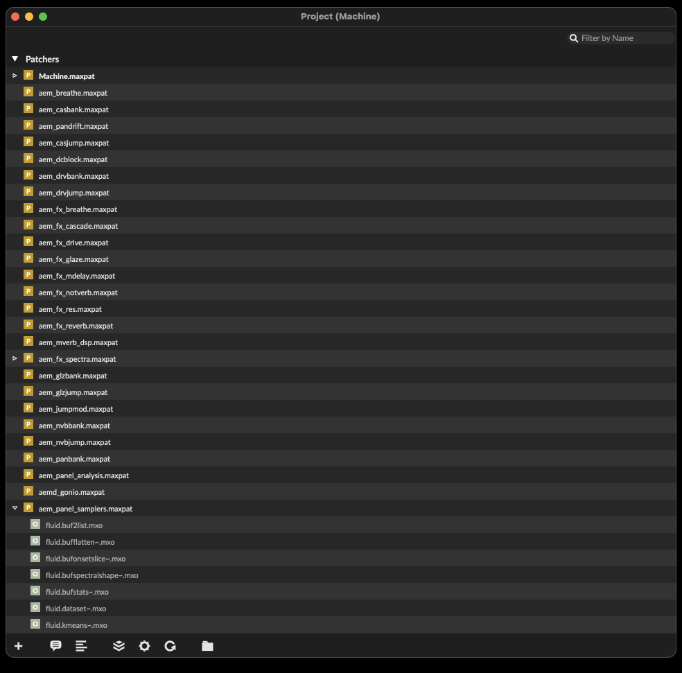 The Max project window: the patcher list, with the FluCoMa externals visible as dependencies of the samplers panel