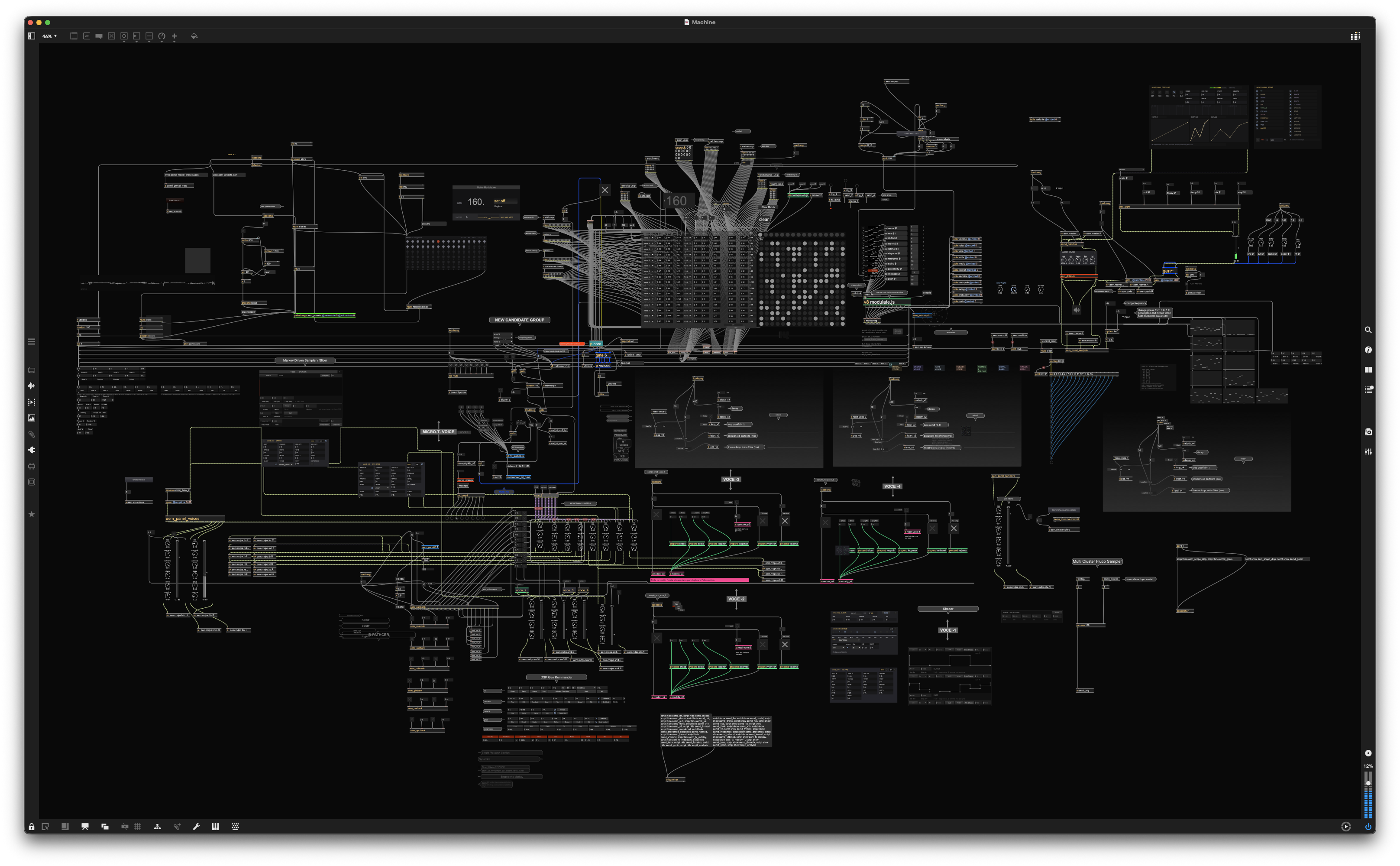 The whole patch unlocked in edit mode at 46 percent zoom: the sequencer fan-out, the Markov matrix, the voice groups, the samplers, hundreds of visible cables