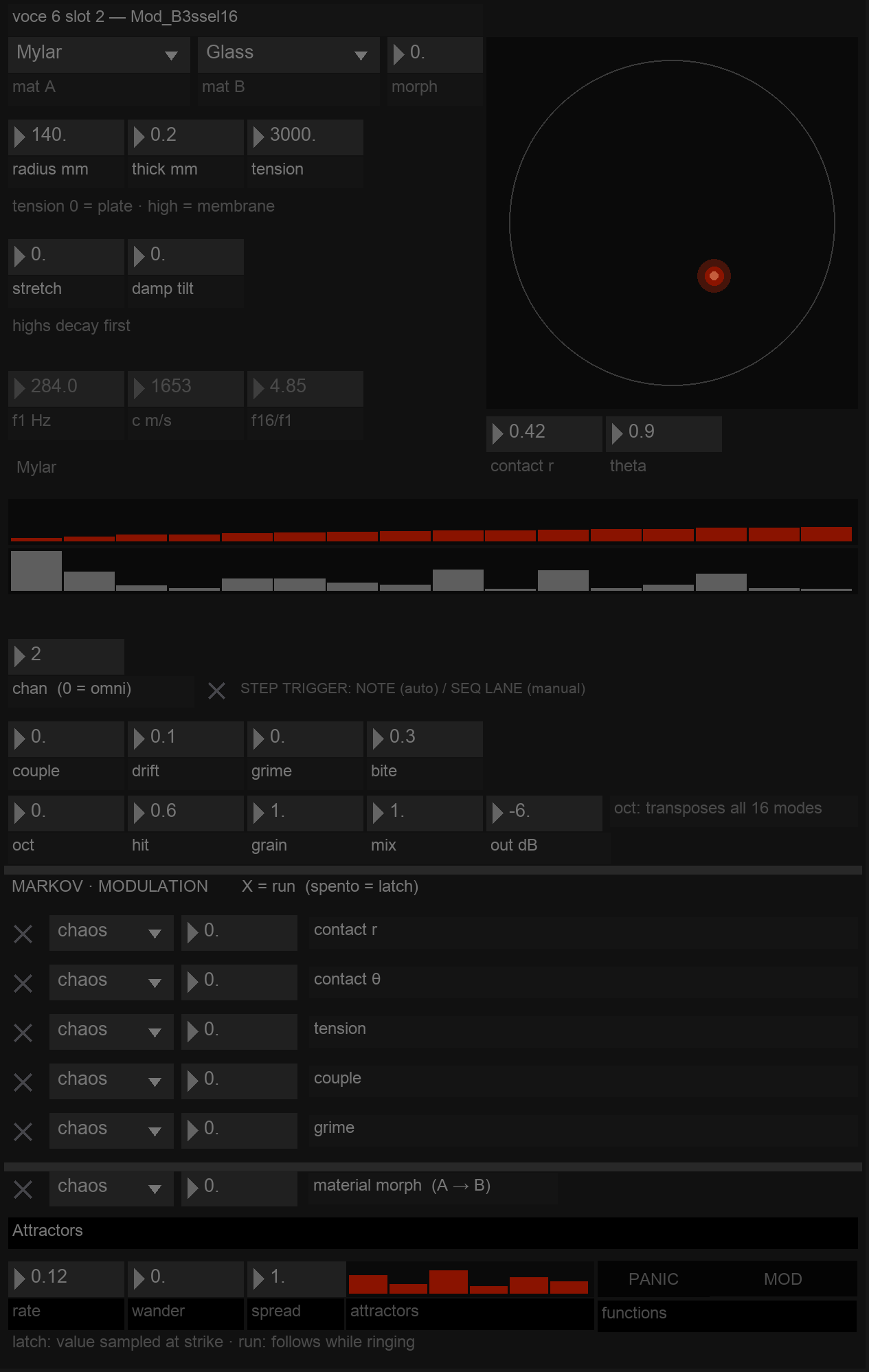 The Big Modal panel: two material menus and morph, radius, thickness and tension, stretch and damp tilt, the three calculated readouts, the strike disc, the sixteen mode frequencies and amplitudes, the voice controls, the Markov modulation rows and the attractor section