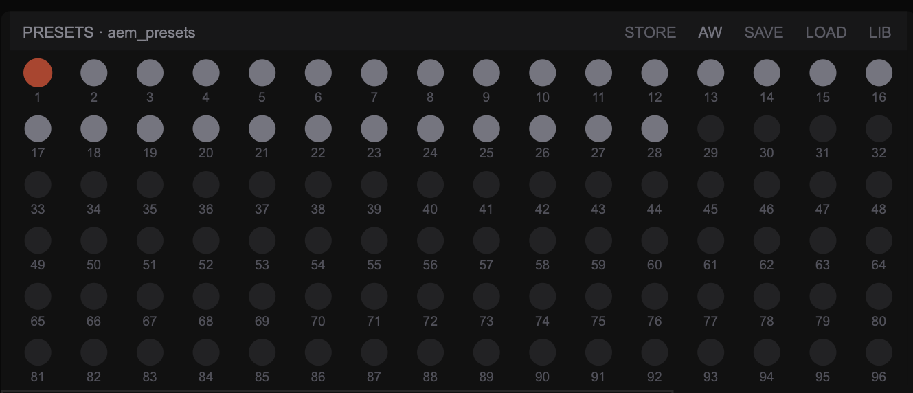 The preset grid: light dots are saved slots, the red dot is the active preset
