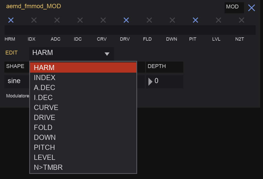 A mod panel with the EDIT menu open, HARM highlighted