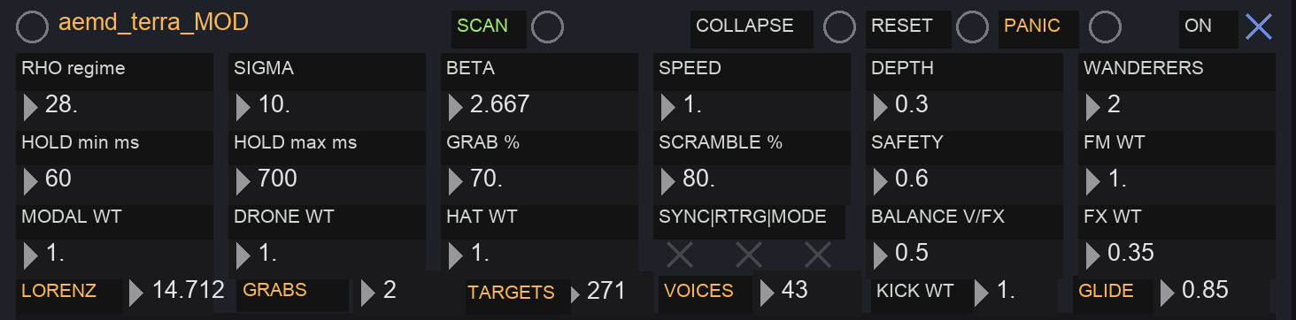 The Terrarium panel: Lorenz readout, picks, targets and voices counters