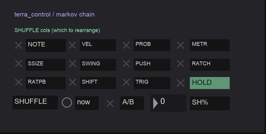 The terra_control panel: eleven column toggles, the SHUFFLE trigger, the A/B mode, SH% and HOLD