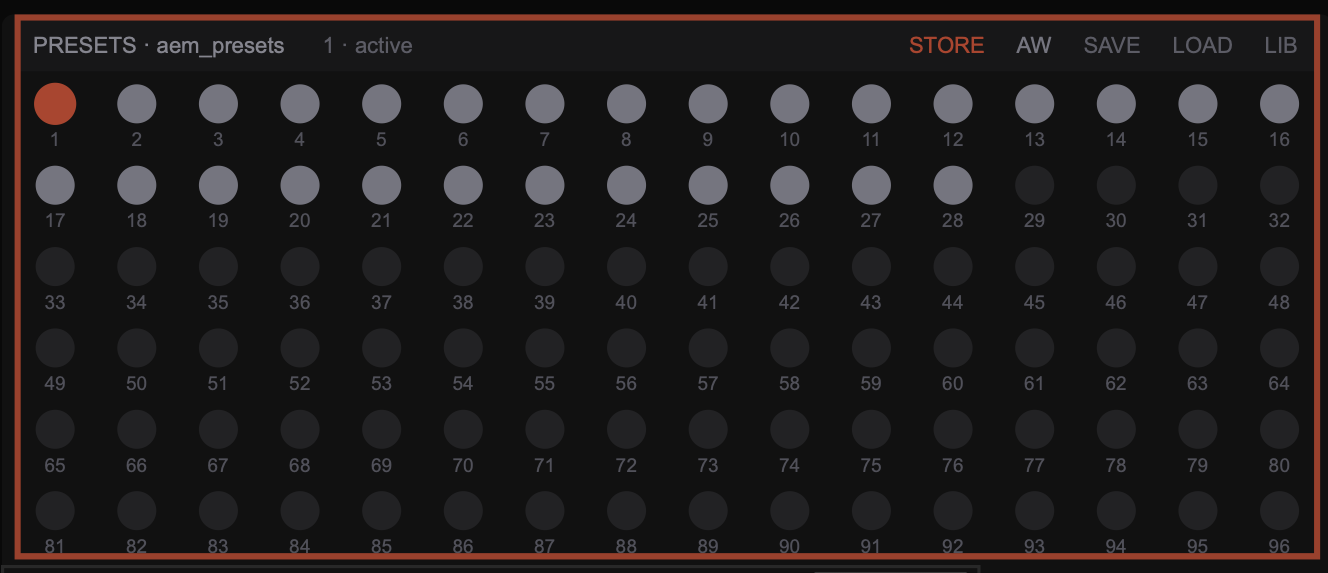 The preset grid armed for store: red border, STORE lit, slot 1 active