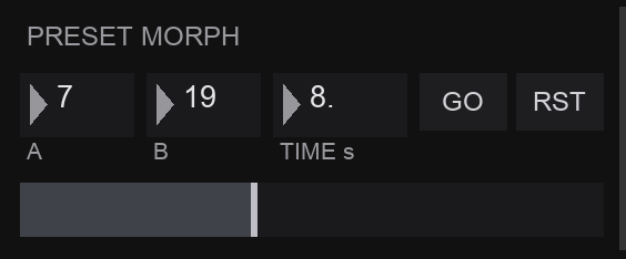 The PRESET MORPH panel: slot A and B, TIME in seconds, GO and RST, and the wide morph slider partway along its travel