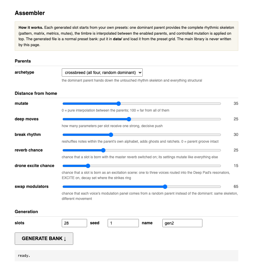 The Assembler page: archetype menu, the six sliders including reverb chance and drone excite chance, slots, seed and name fields, the generate button
