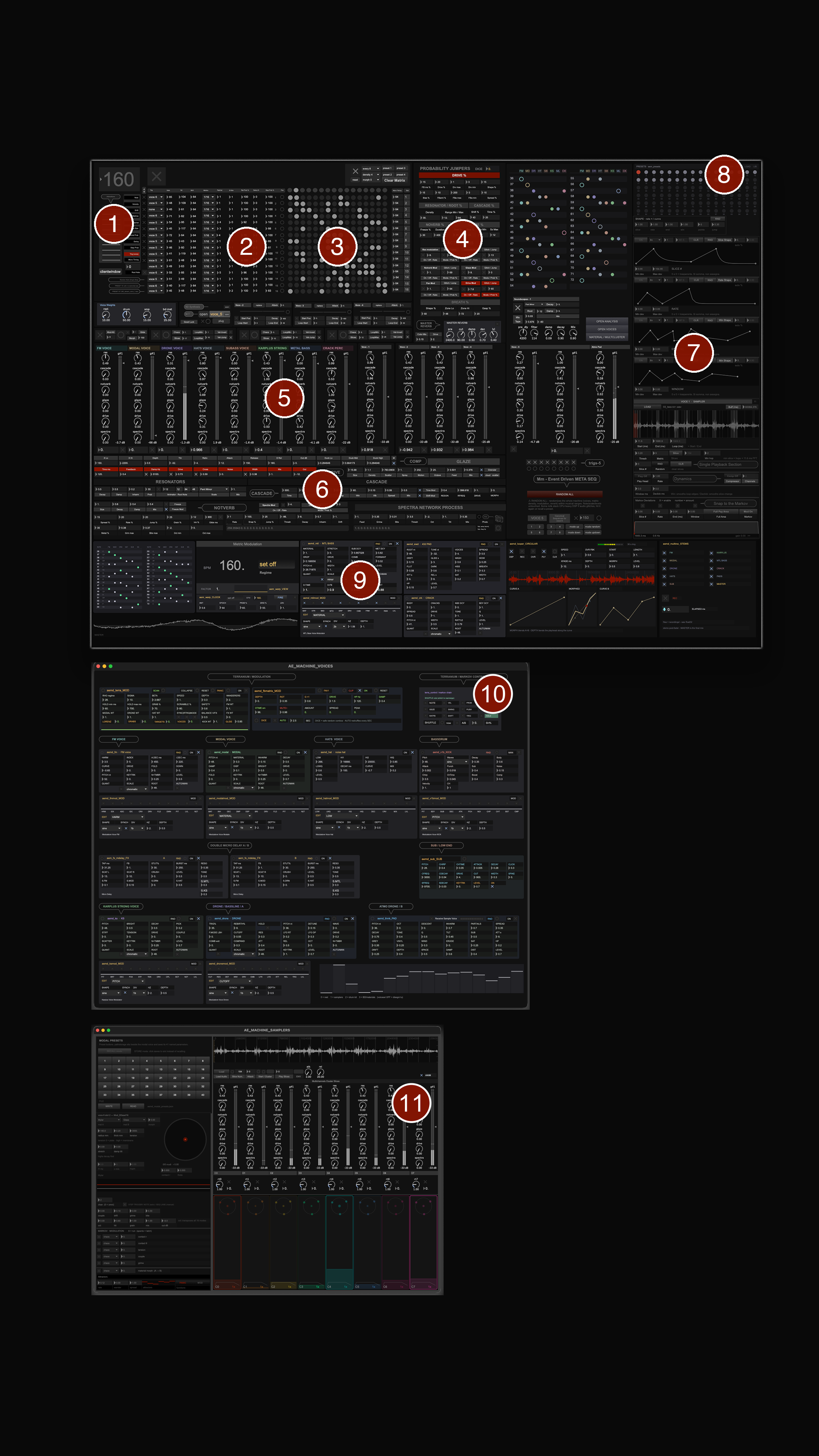 The interface with the nine regions of the main surface numbered, plus the voices window (10) and the sampler window (11)
