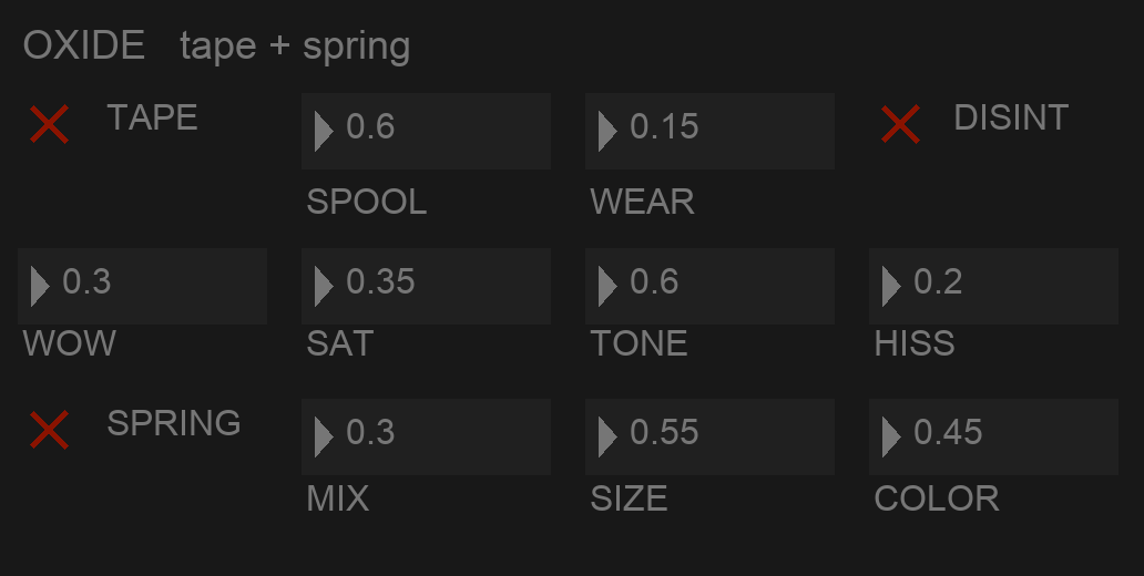 The Oxide panel: TAPE and DISINT switches with SPOOL and WEAR, the second row with WOW, SAT, TONE and HISS, and the SPRING row with MIX, SIZE and COLOR
