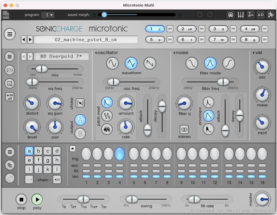 Microtonic Multi with a script-filled bank loaded: the program list, the sound morph slider, and a preset from one of the generated series